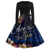 Women's Casual Fashion Round Neck Long Sleeve New Year Printed Retro Dress