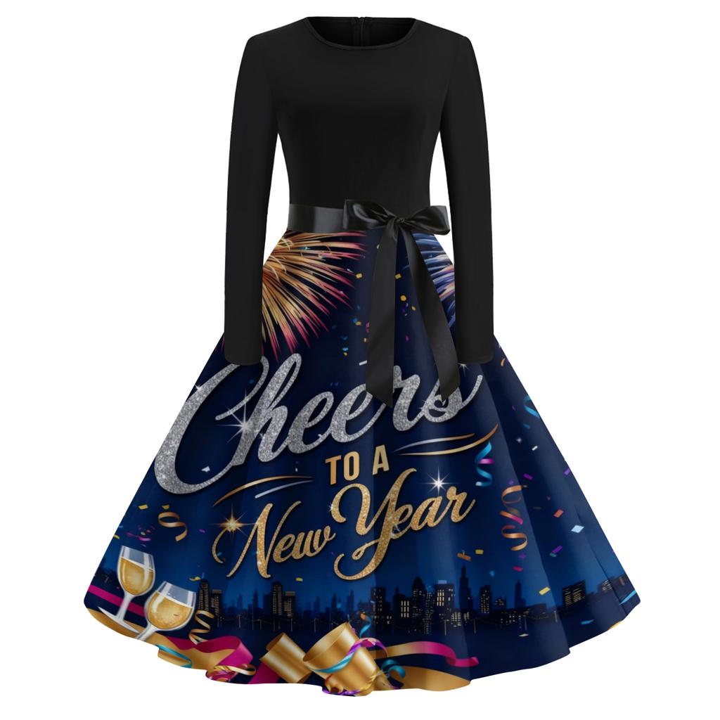 Women's Casual Fashion Round Neck Long Sleeve New Year Printed Retro Dress