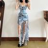 Rochie camisolă Y2K cu imprimeu denim și decolteu în V, Rochie sexy fără spate cu volane, lungă-scurtă, Rochie bodycon fără mâneci pentru petrecere/club pentru femei