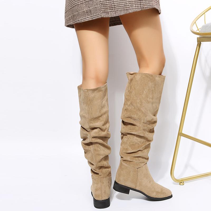 Women's Wrinkle Knee High Boots Autumn New Plus Size Flock Chunky Heel Thigh High Boots for Women Outdoor Casual Ladies Shoes
