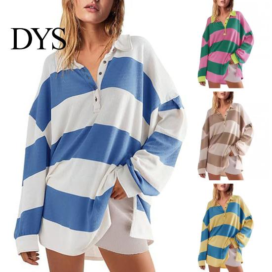 Lady Spring Top Women Sweatshirt Colorblock Striped Turn-down Collar Long Sleeves Buttons Loose Pullover Casual Homewear Sport Clothes Plus Size