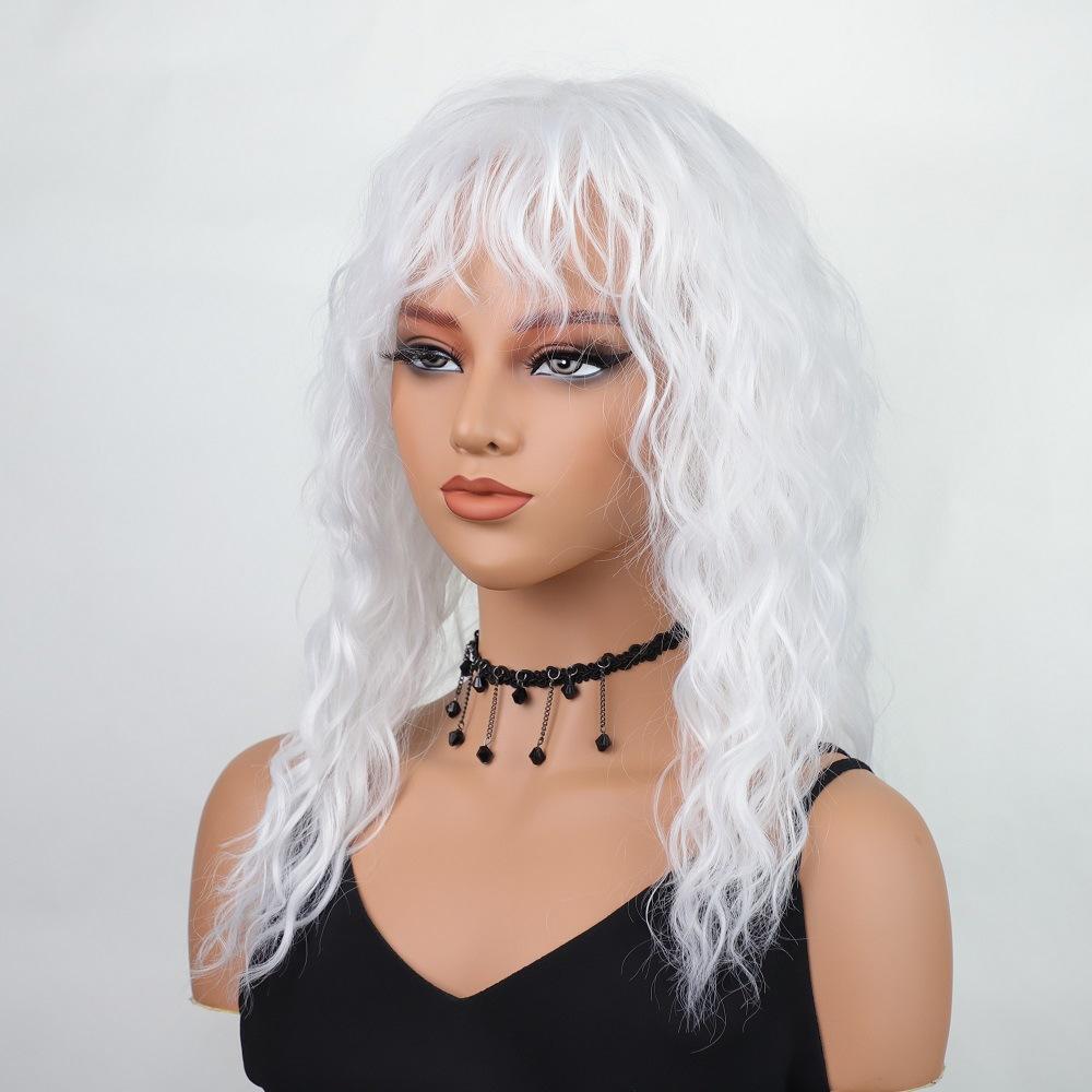 Grey Brown Blond Black White Wigs with Bangs Shoulder Length Curly Synthetic Wigs for Women Daily Cosplay Heat Resistant Fibre