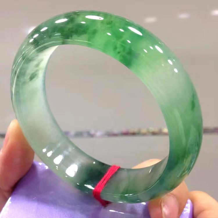 Myanmar Treated Jadeite Bangle: Full Green Ice Waxy Jade with Floating Flowers - Noble Lady Style 55mm