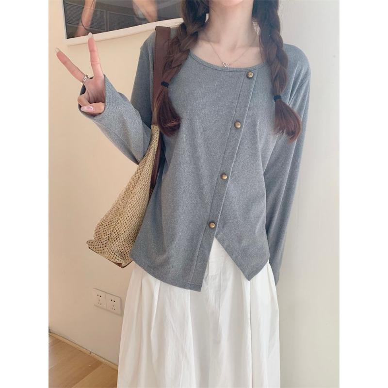 

Women s Autumn and Winter Irregular Button Design Long Sleeve T-Shirt Women s Loose Top L серый