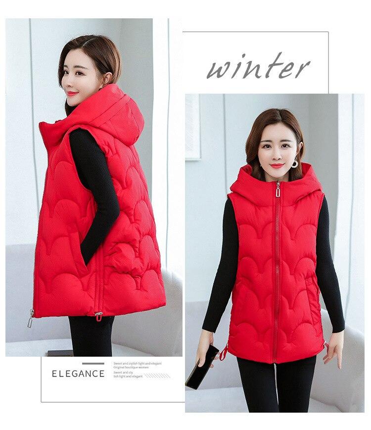 Autumn and Winter Women's Solid Color Loose Vest Drawstring Hooded Long Vest Jacket Cotton Padded Women's Windproof Warm Vest