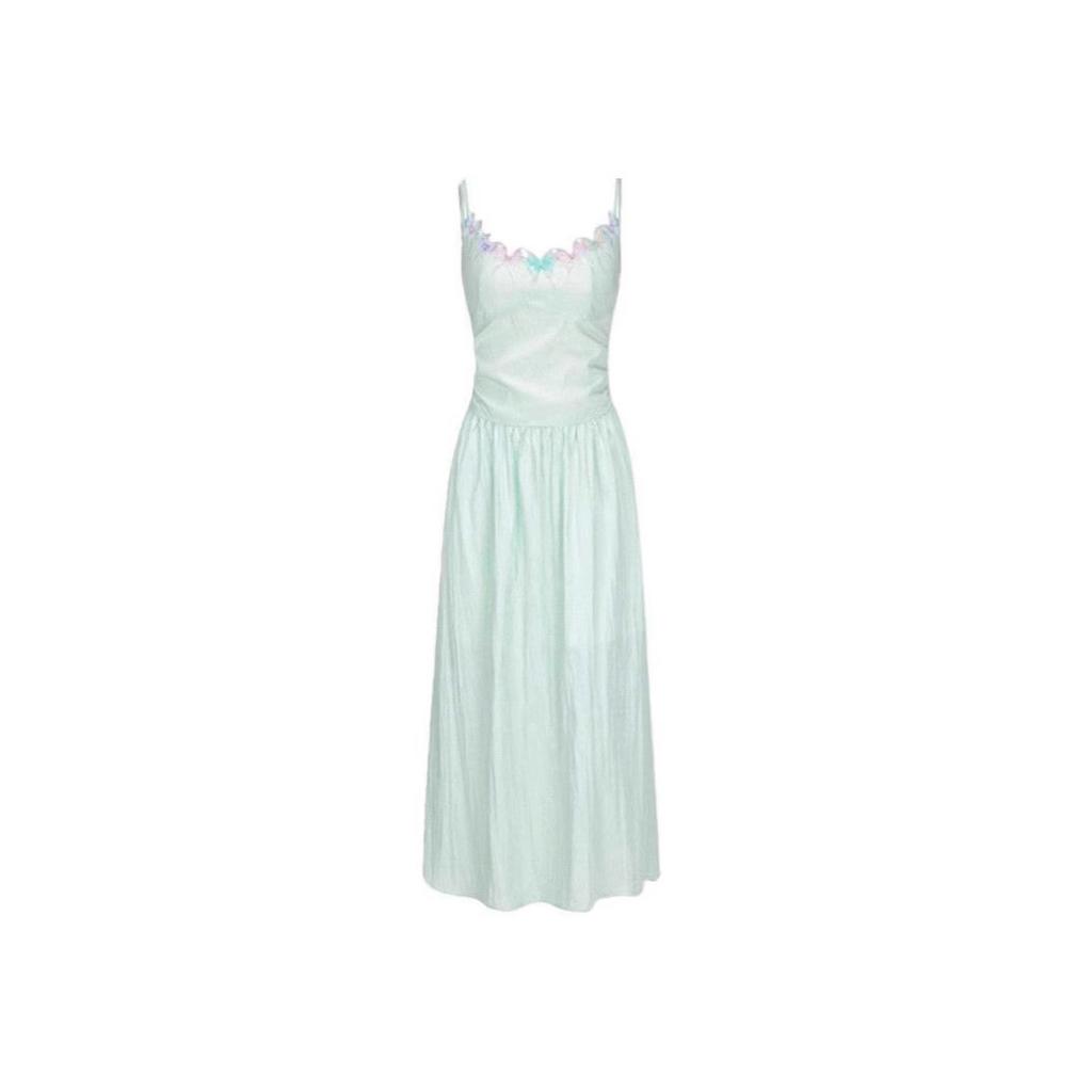 Green backless suspender dress children's summer seaside vacation French high-end temperament waist a-word long dress