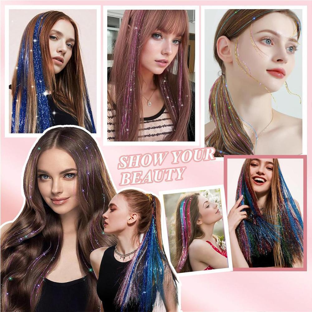 12Pcs Hair Tinsel Clip In 19.7" Glitter Tinsel Hair Extensions Synthetic Clip In Sparkle Hair Accessories For Kids Girls Women