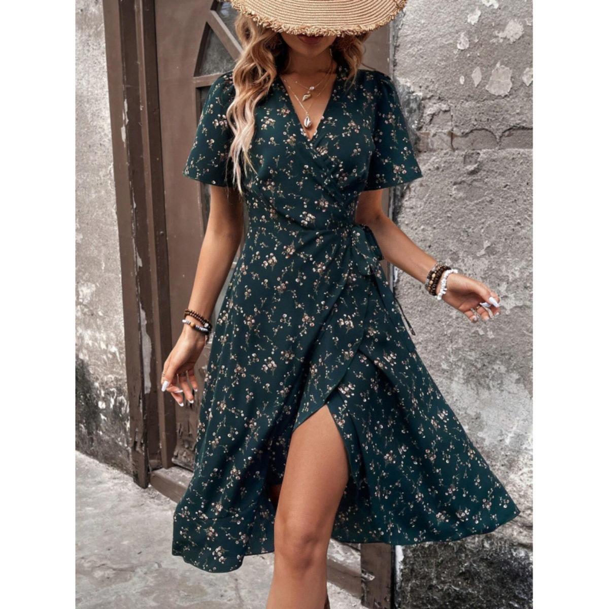 Women s V Neck Short Sleeve Midi Dress Slim Mid Rise Elegant Floral Wrap Sundress S
