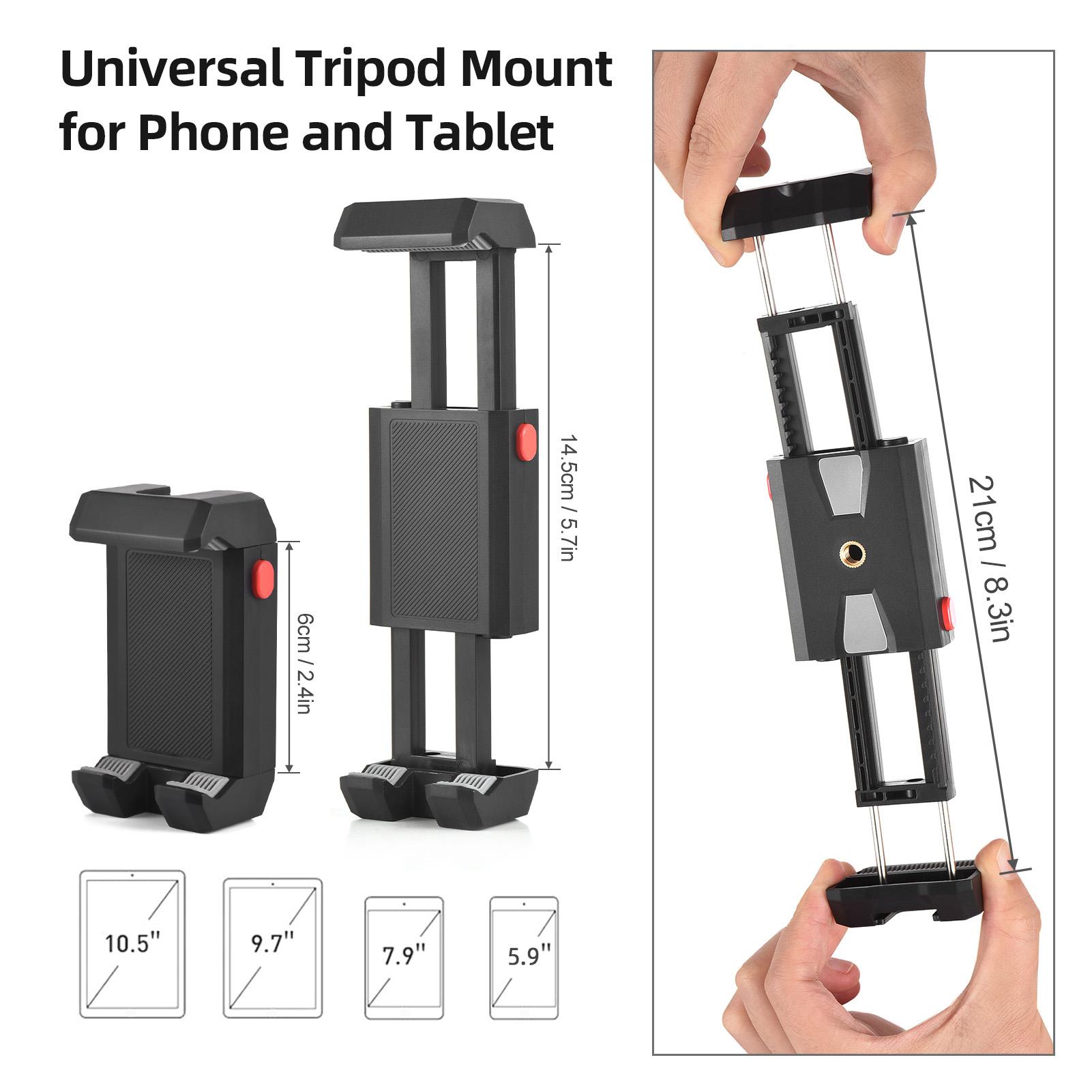 

Tripod Mount for Phone and Tablet, Clamp Width from 2.4 Inch to 8.3 Inch with Cold Shoe Mount and Port Access