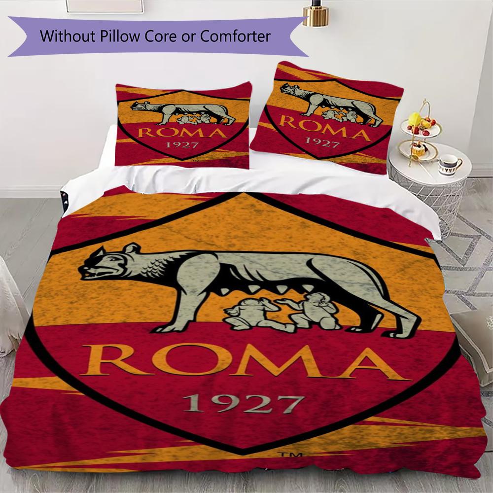 Set lenjerie de pat cu model A.S. Roma Cearșaf pilotă Huse pernă Decorațiune casă Cadou de ziua de naștere (1 * husă de pilotă + 2 * fețe de pernă fără miez)01