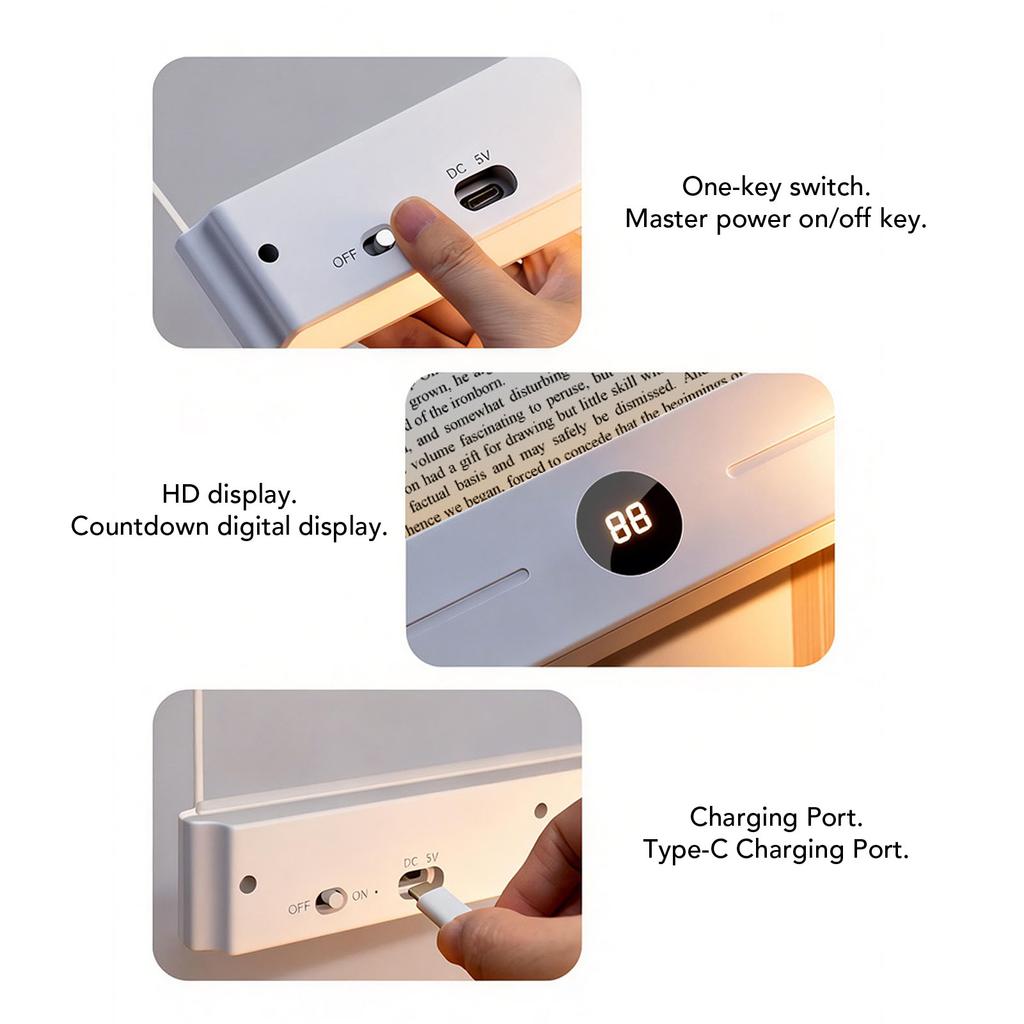 LED Flat Book Light Rechargeable 3 Color Dimmable Flat Reading Light with Timer for Home Dormitory Study