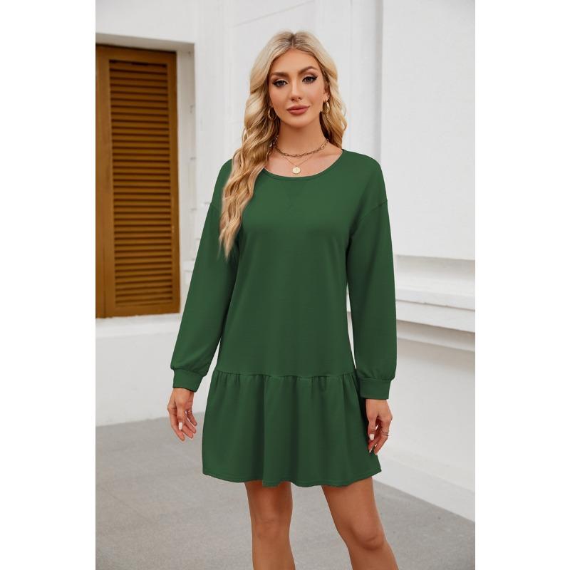 Popular Women's Clothing with Crossed Round Neckline Long Sleeved Casual Hoodie Dress