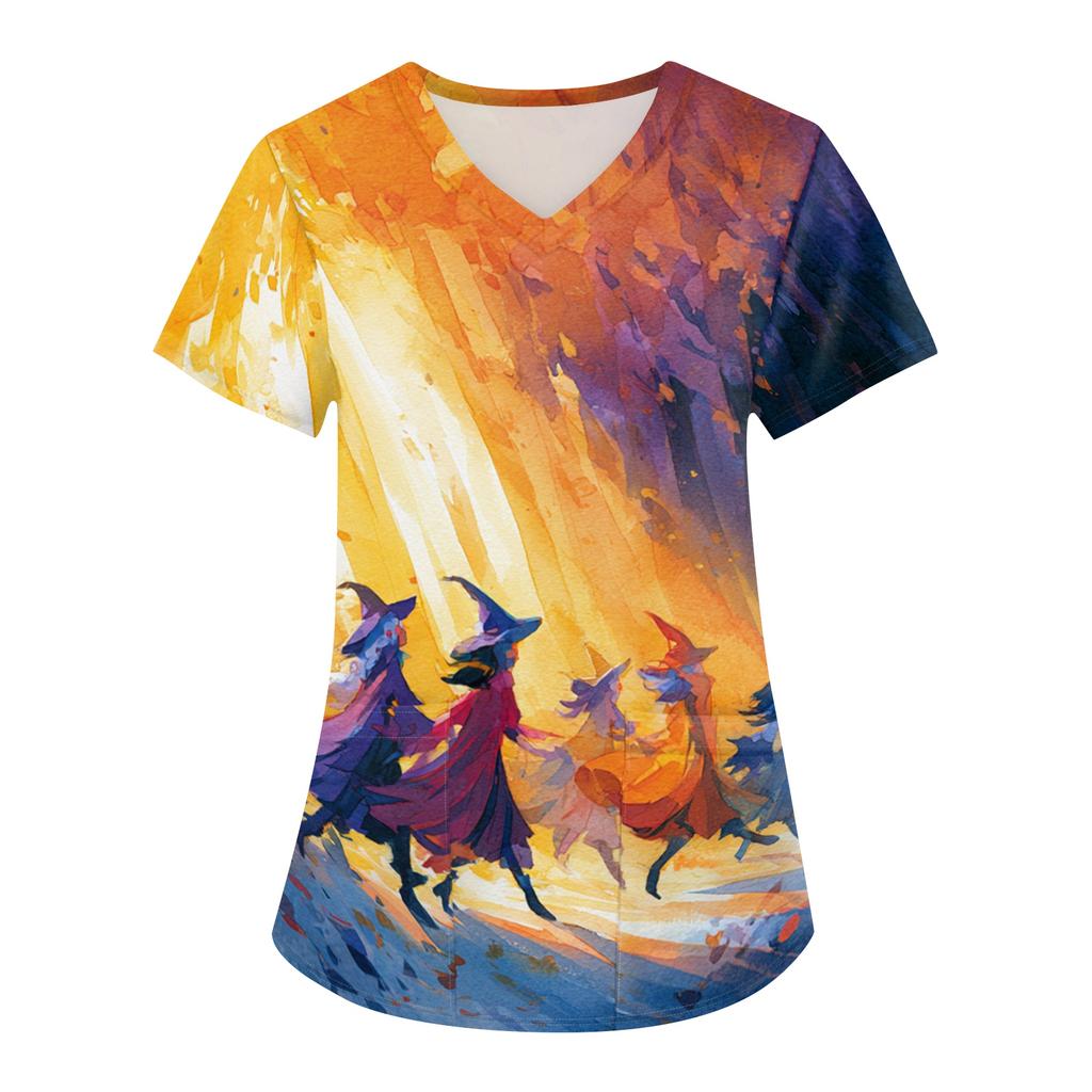 Women's Halloween Printed V-Neck Short Sleeve Scrub Top with Pockets