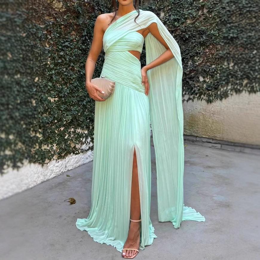 

European and American Women s Fashion Bandeau Pleated Ribbon Split Slim Fit Dress 8163 Large світло-синій колір