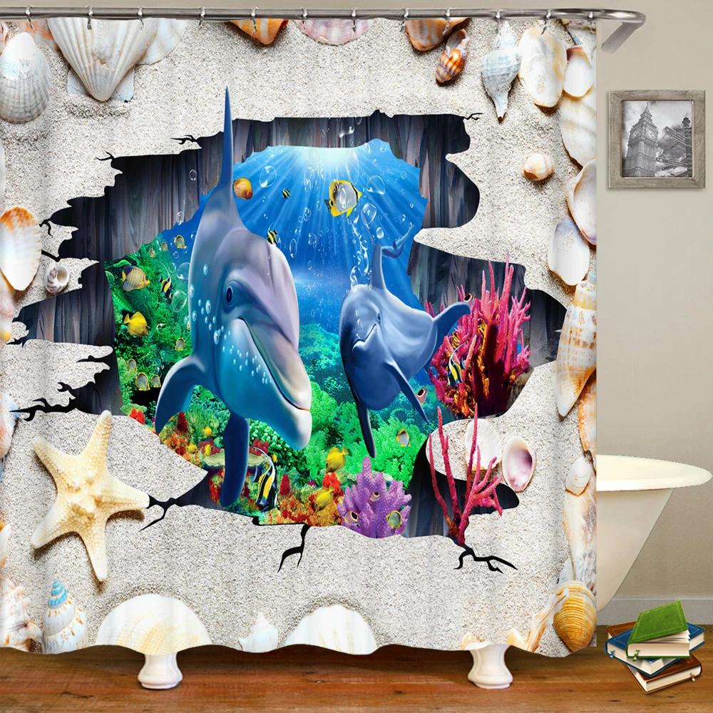 Nature Landscape Shower Curtain 3D Dolphin Shell Beach Scenery Bathroom Curtain Home Decor Waterproof Polyester Bath Accessories