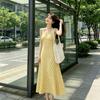 Dopamine yellow plaid dress is thin and gentle temperament neck sling dress collar lazy vacation style