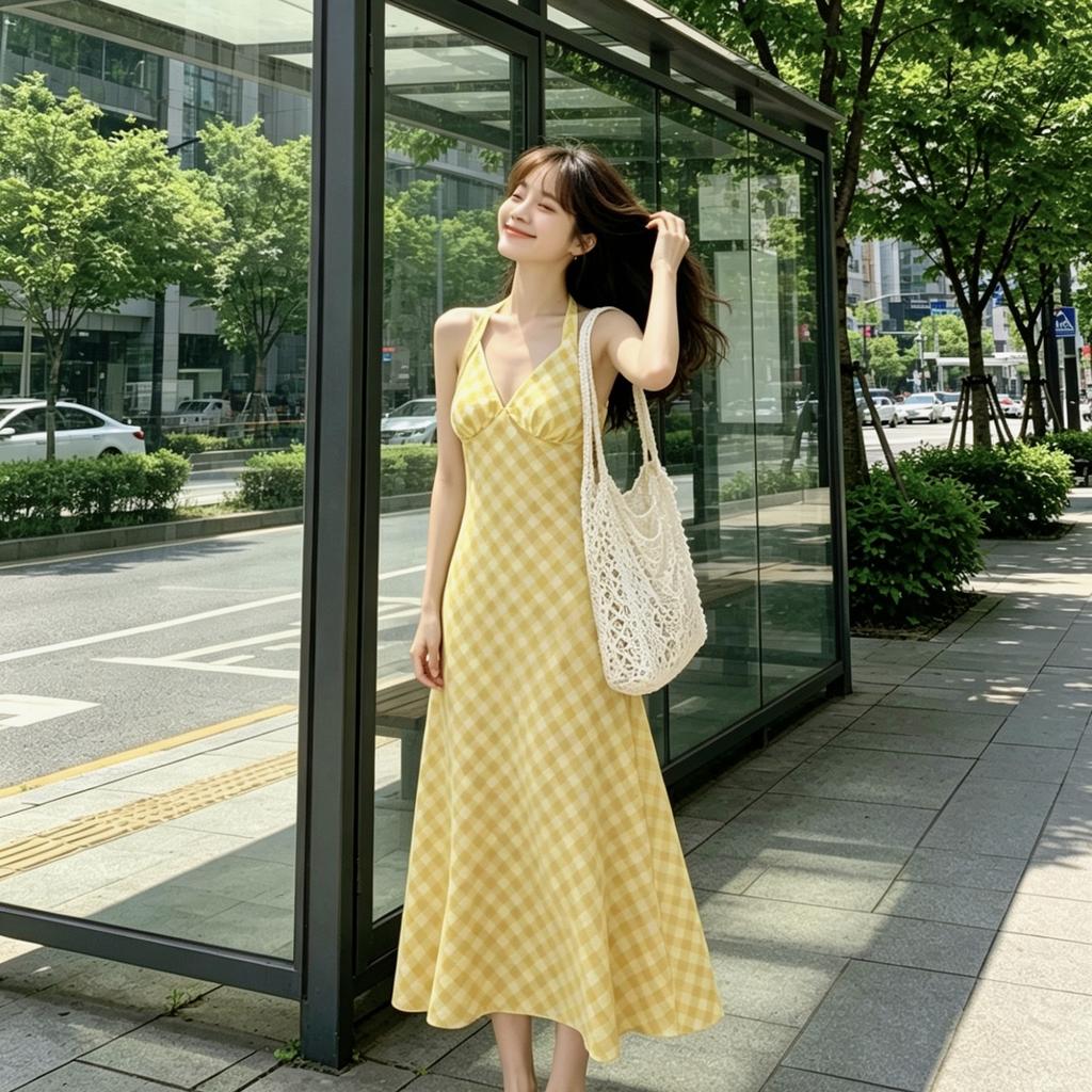 Dopamine yellow plaid dress is thin and gentle temperament neck sling dress collar lazy vacation style