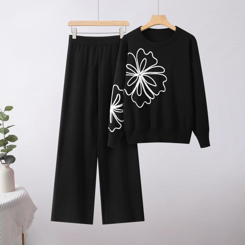 

Round Collar Soft Sweater Casual Top Loose Wide-leg Pants Two-piece Suit one size чорний