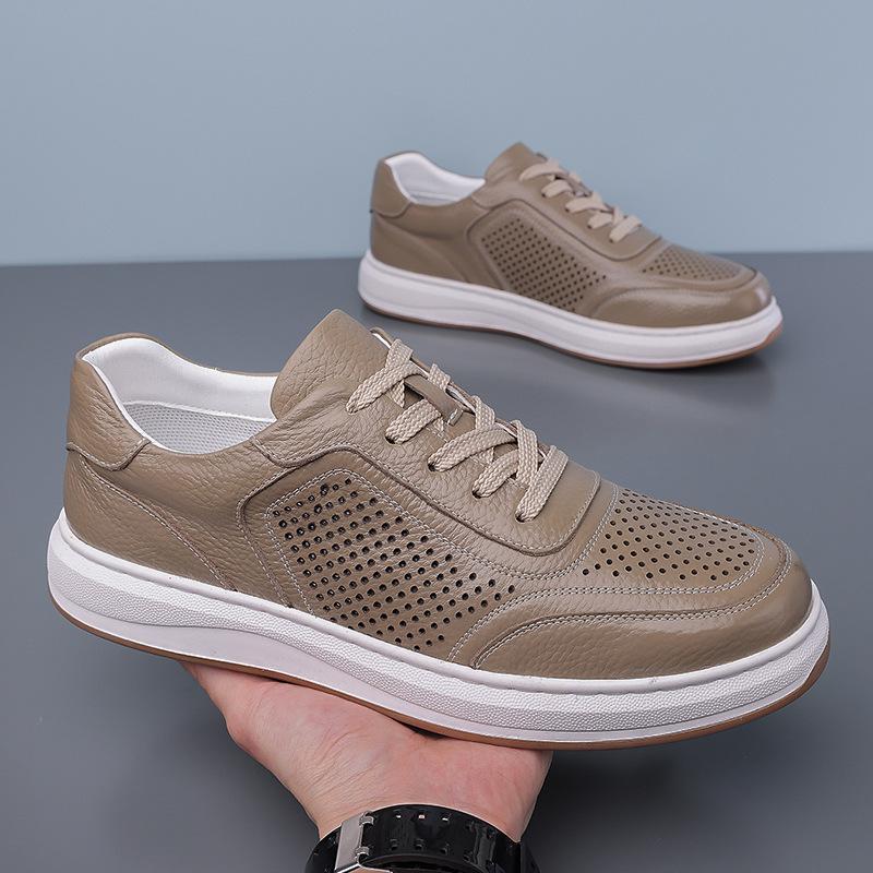 Little White Shoes Hollow Breathable Casual Shoes Men's First Layer Cowhide Low-top Board Shoes Versatile