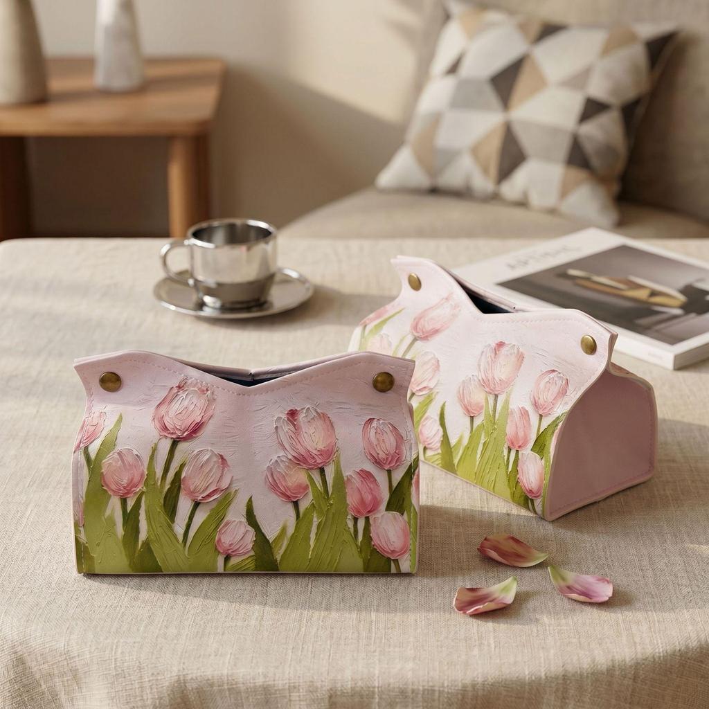 Pink Tulip Oil Painting Tissue Box for Living Room, Desktop, or Car Storage