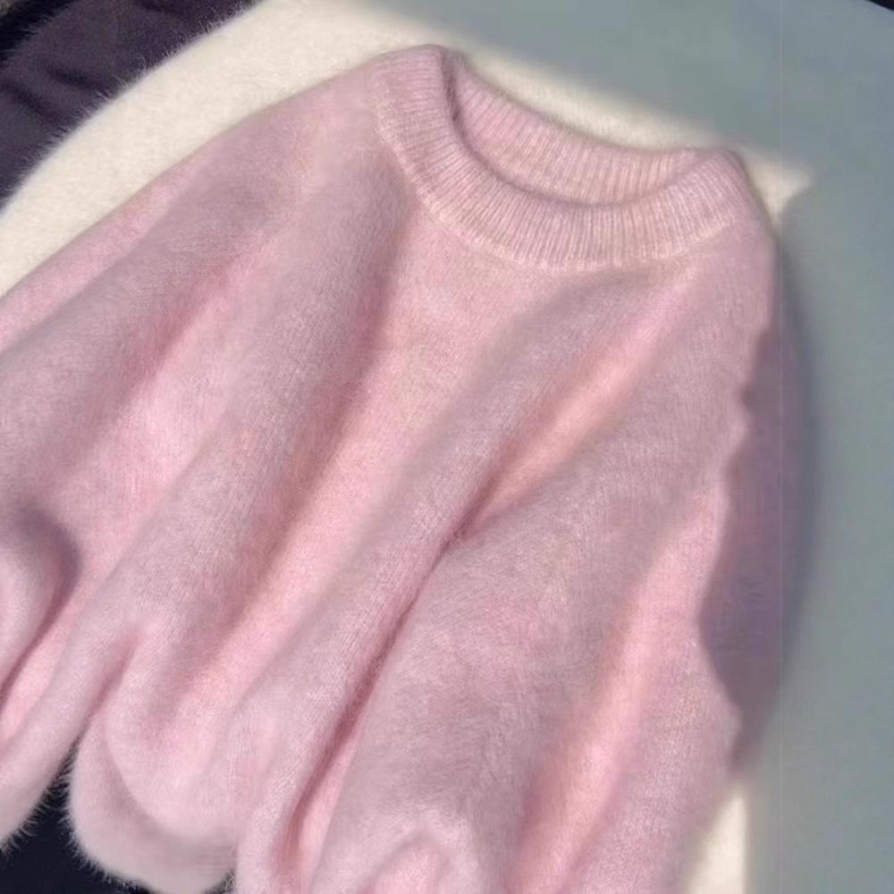 Korean Style Soft & Fluffy Women's Pullover Sweater - Autumn/Winter Knitwear, Loose Fit, Milk-Toned, Round Neck, Thickened Inner Layer