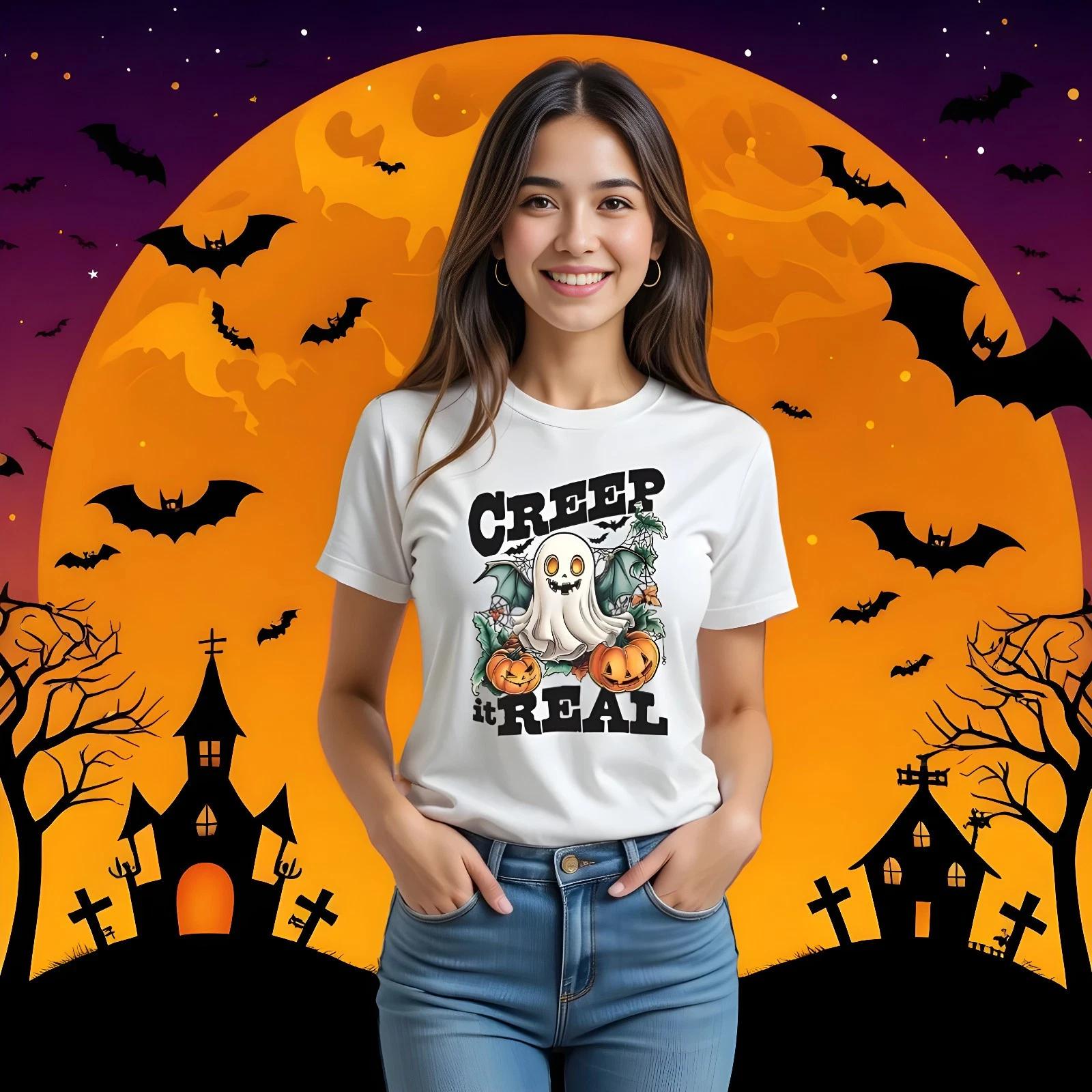 Halloween T-Shirt Unisex Funny Scary Pumpkin Skeleton Costume Tee Creep it Real S