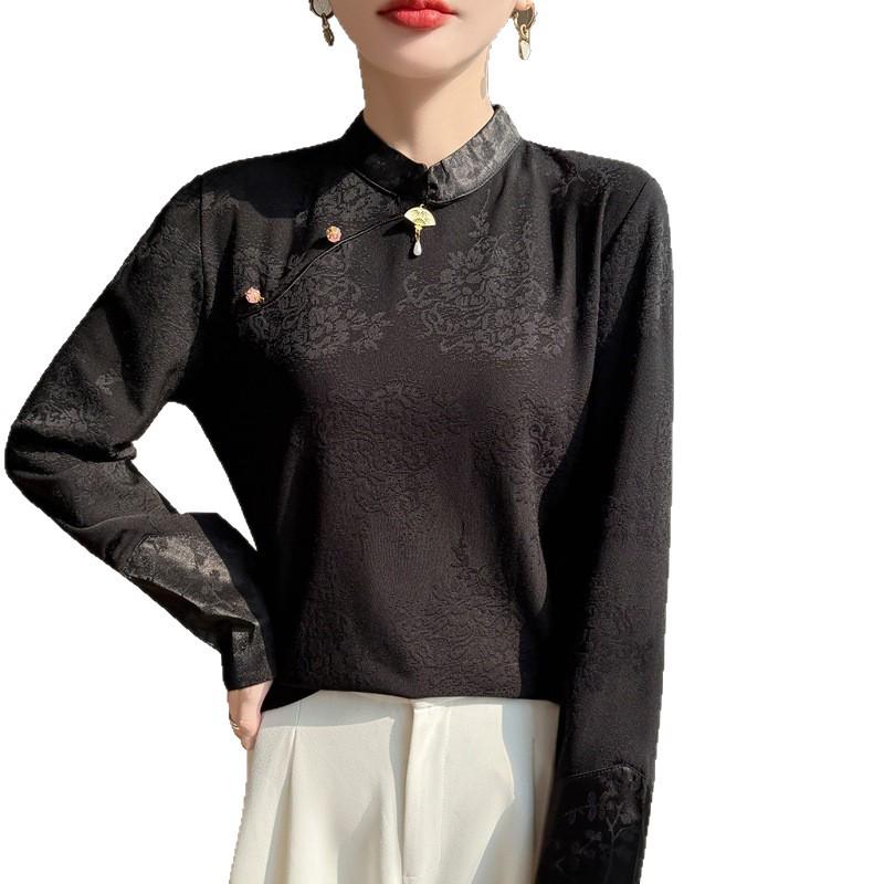 Premium Chinese Style Satin Jacquard Embroidered Diagonal Lapel Shirt for Spring and Autumn