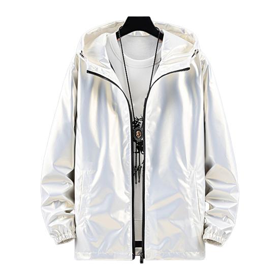 Męska kurtka z kapturem, błyszcząca powierzchnia, zapinana na zamek, jednolity kolor, dopasowany krój, wodoodporna, wiosenno-jesienna, elastyczne mankiety, płaszcz streetwear