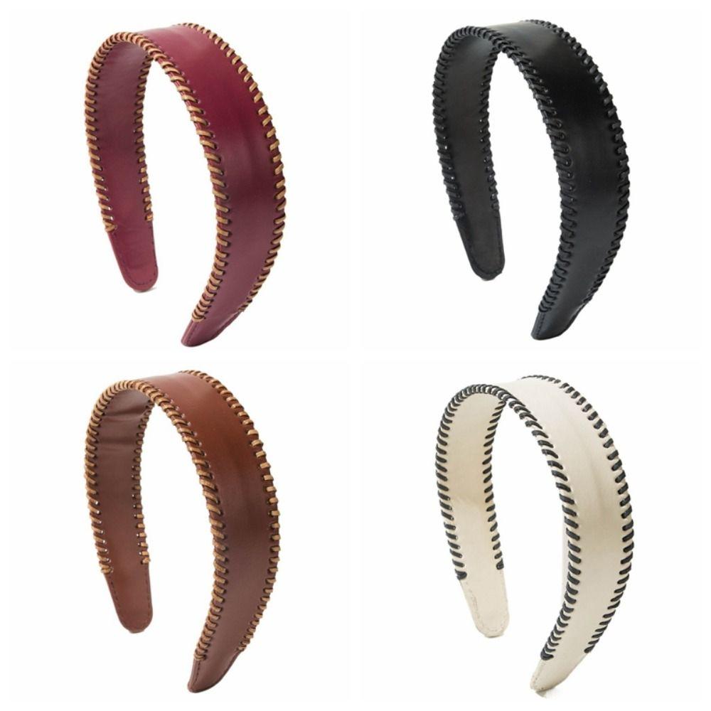 Non-Slip Leather Headband Solid Color Wide Edge Hairband Vintage Women Hair Hoop Lady