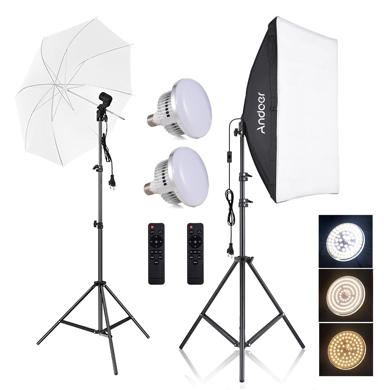 

Andoer Комплект освещения для студийной фотосъемки, комплект софтбоксов с двухцветными лампочками мощностью 85 Вт *2 + 50x70 см EU