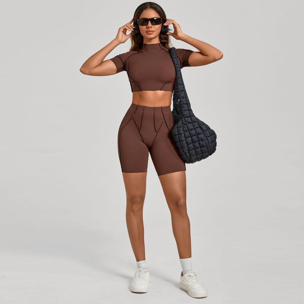 European & American 3D Patchwork Quick-Dry Yoga Set: Tight Short Sleeve & Shorts