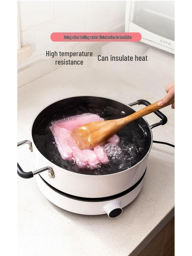 Durable Fleece-Lined Silicone Dishwashing Gloves - Non-Slip, Thickened for Household Scrubbing & Cleaning