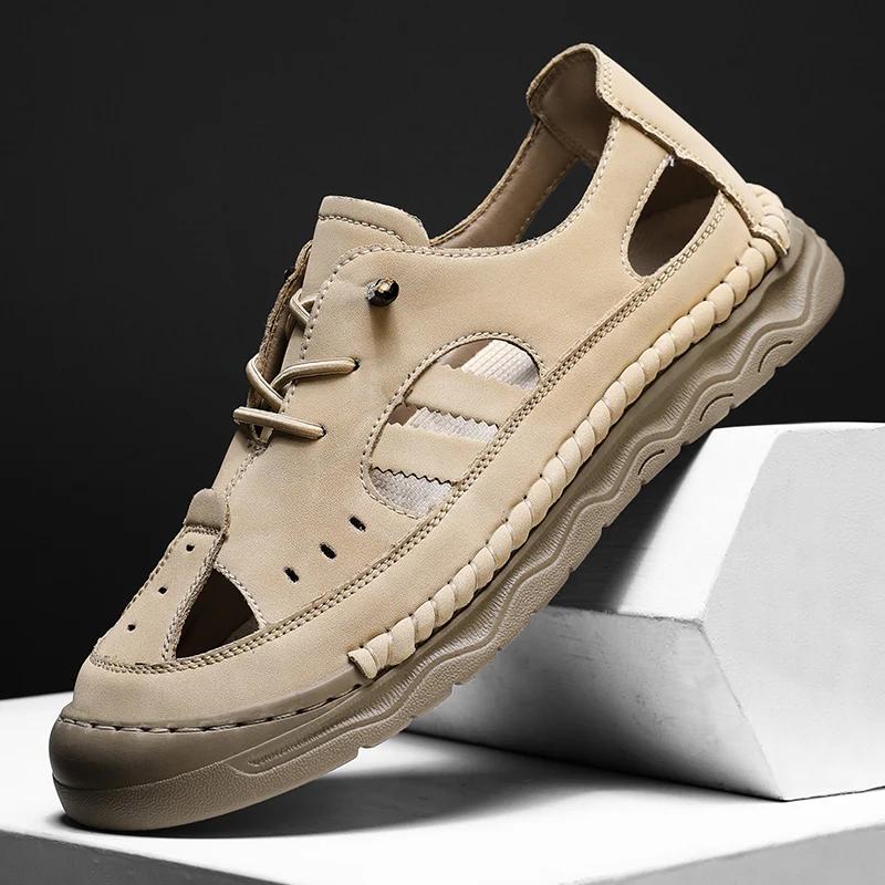 Fashion Men Fashion Summer New Style Leather Sandals Toe Cap Outdoor Sports Hollow Leisure Beach Sandals Man Hand Sewn Thread Mesh Shoes