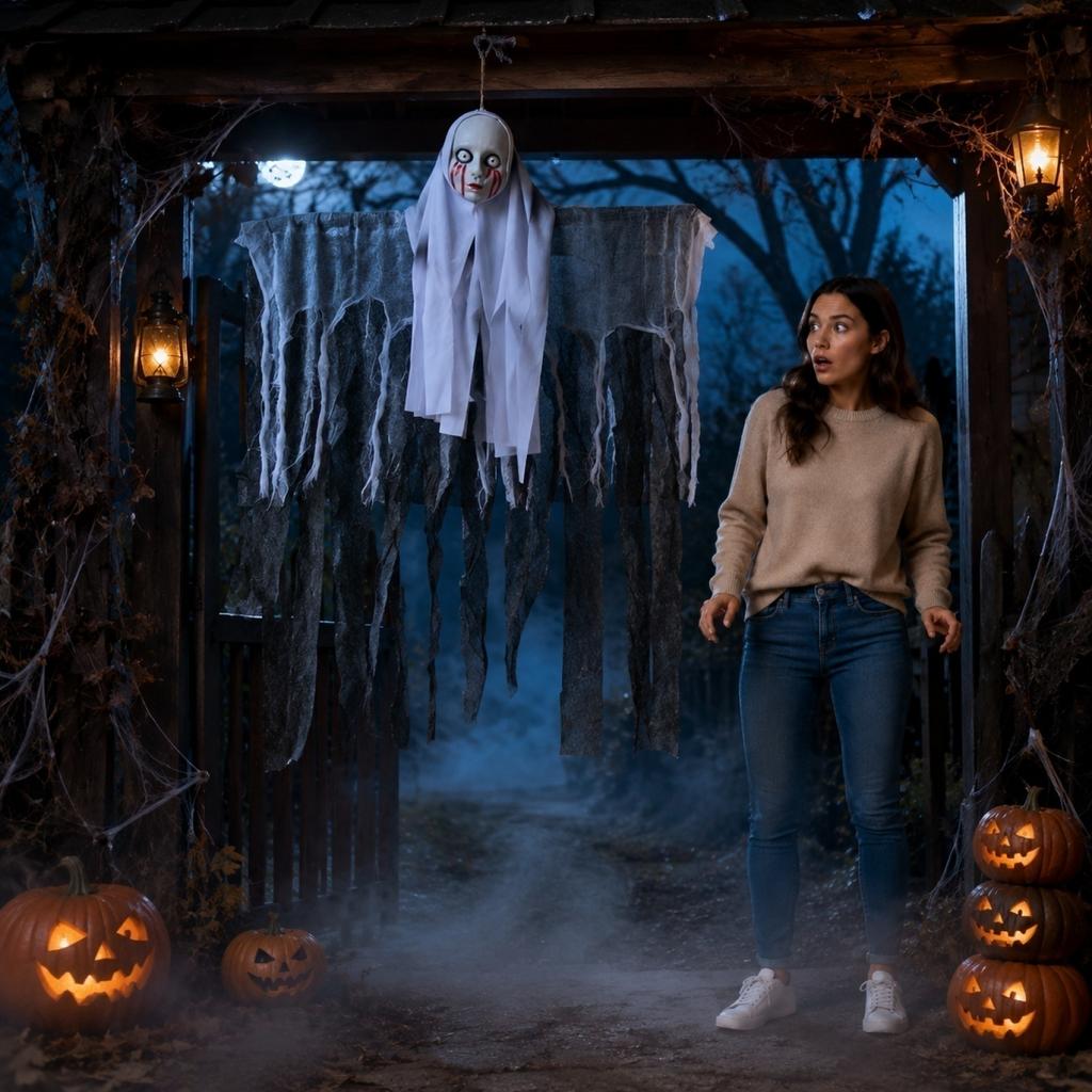 Hanging Ghost Halloween Decoration Prop Haunted House Scene Accessory with Hooded Design and Tattered Fabric Strips for Indoor Outdoor Use