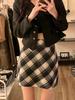 Plus Size Women's Retro Plaid Wool Blend Mini Skirt - High Waist A-Line Slimming Skirt for Spring and Autumn