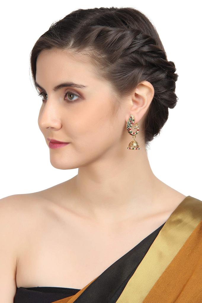 Touchstone Indian Bollywood Peacock Jewelry Earrings Antique Gold Tone for Women Enamel/Red/Green/White