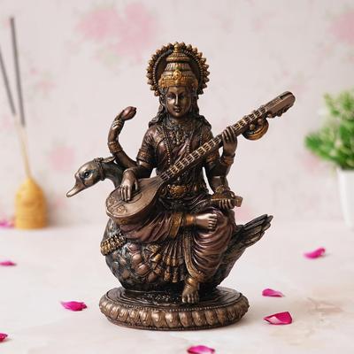 Goddess Saraswati Idol Sitting On Swan Playing Veena Statue - Perfect for Vasant Panchami - Goddess of Knowledge, Music, Art - Idol for Gift