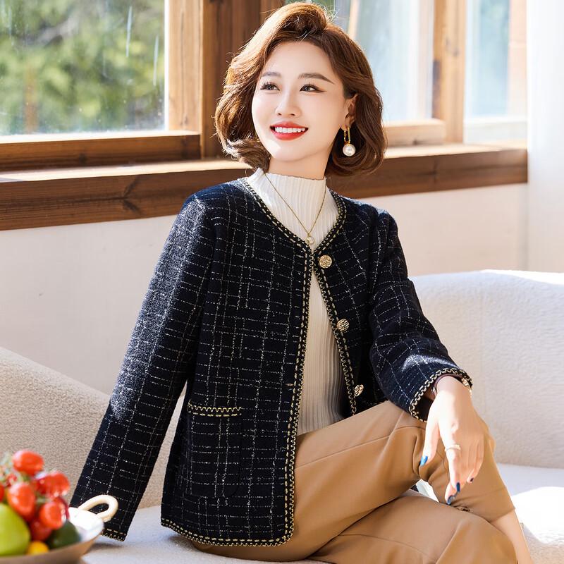 Qianlian Mid-Aged Women's Round Neck Plaid Little Fragrance Knit Cardigan