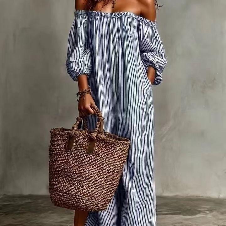 2026 Spring and Autumn New European and American Stripe Printed Off-Shoulder Lantern Sleeve Dress Holiday Style Loose Beach Dress