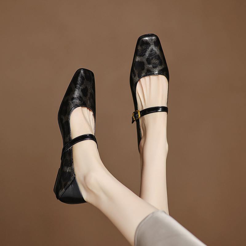 Krazing Pot Cow Skin Spring Summer Size 41 Thick Low Heels Women Square Toe Leopard Metal Buckle Shallow Pumps