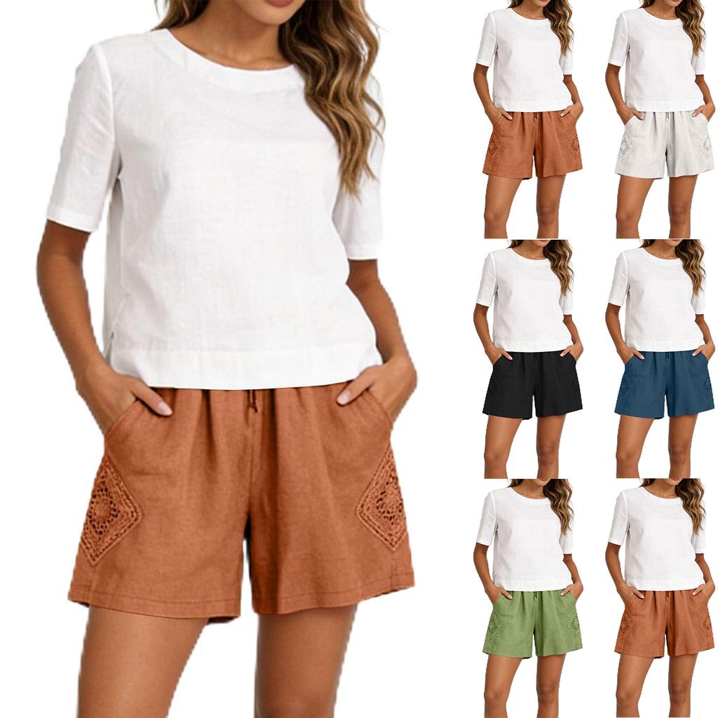 Women's Short Sleeve Crop Shirt Wide Leg Cotton Linen Shorts Set Lightweight Breathable Casual Summer Two Piece Outfit