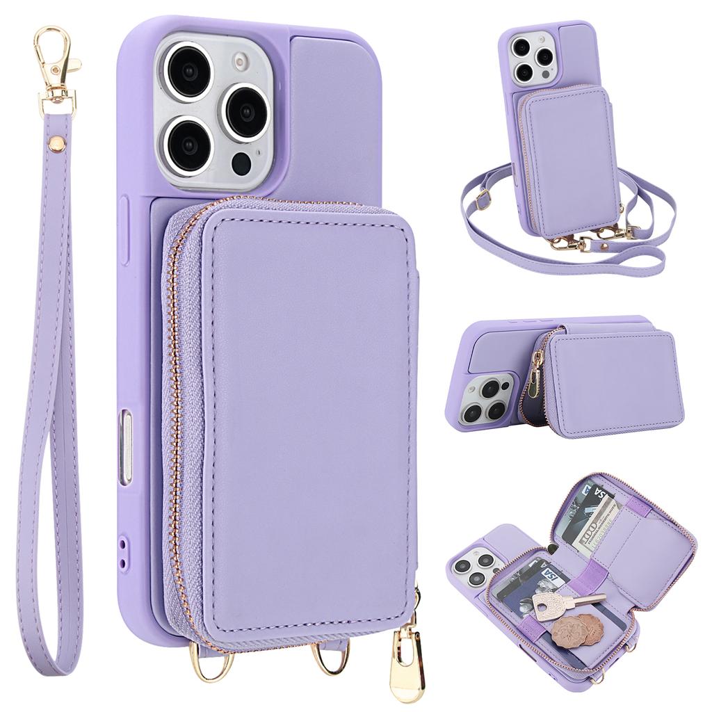 For iPhone 16 Pro Case RFID Blocking Zipper Wallet Leather + TPU Phone Cover with Shoulder Strap