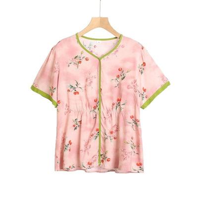Women's Mother V-neck Short-sleeved Summer Thin Section of Cotton Shirt Can Be Worn Loose Rayon Floral Shirt Blouse