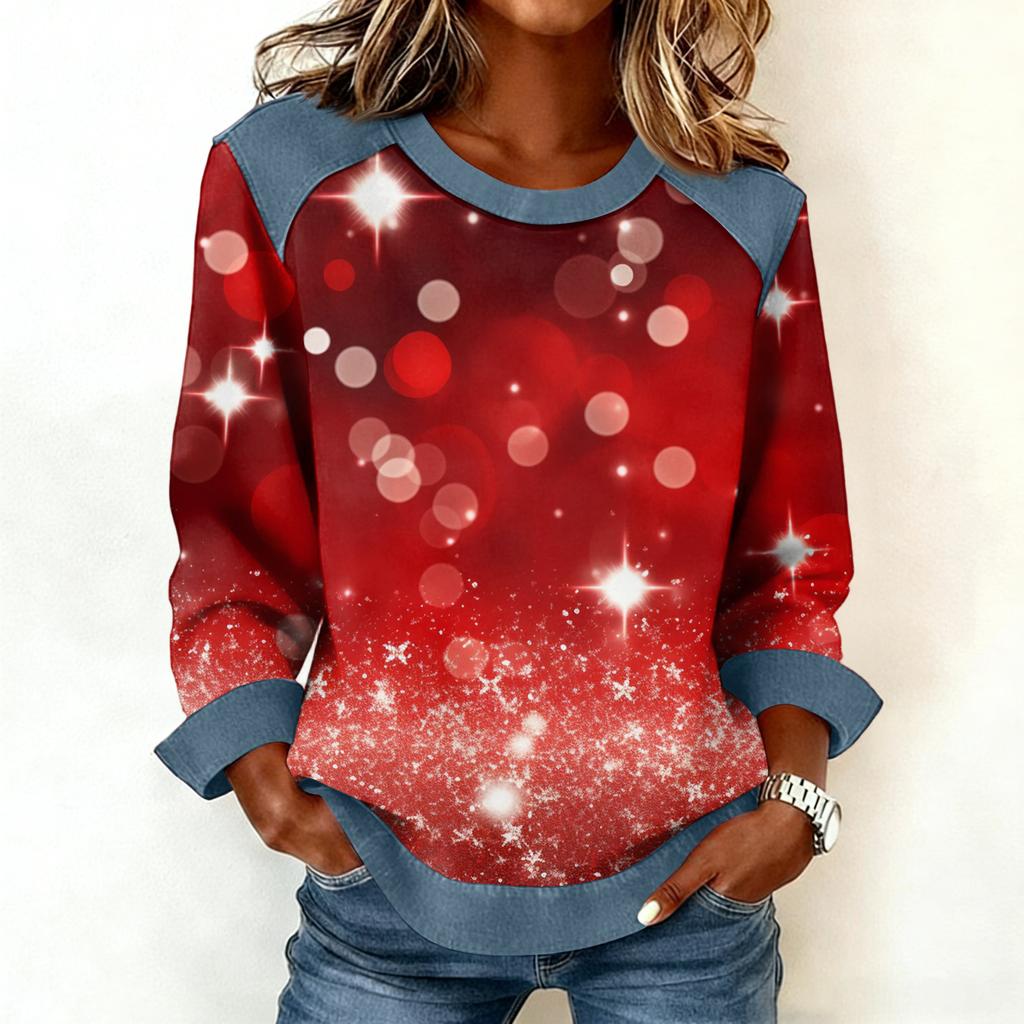 Damen Jeanskragen Patchwork Nähte Sweatshirt Lässig Pullover Langarmshirts