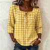 Women's Trendy Plaid Blouse Square Neck 3/4 Sleeve Shirt, Casual Button Down Top for Work and Everyday