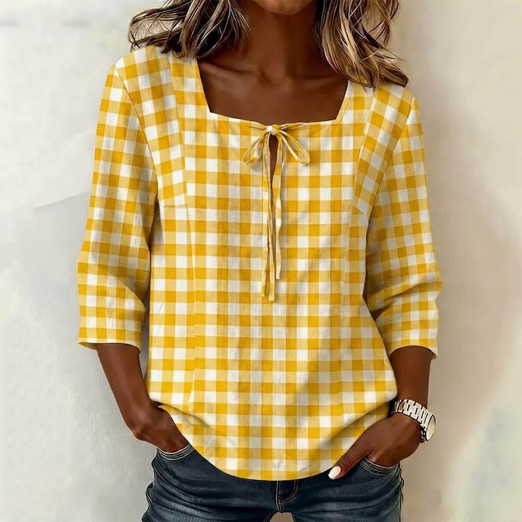 Women's Trendy Plaid Blouse Square Neck 3/4 Sleeve Shirt, Casual Button Down Top for Work and Everyday