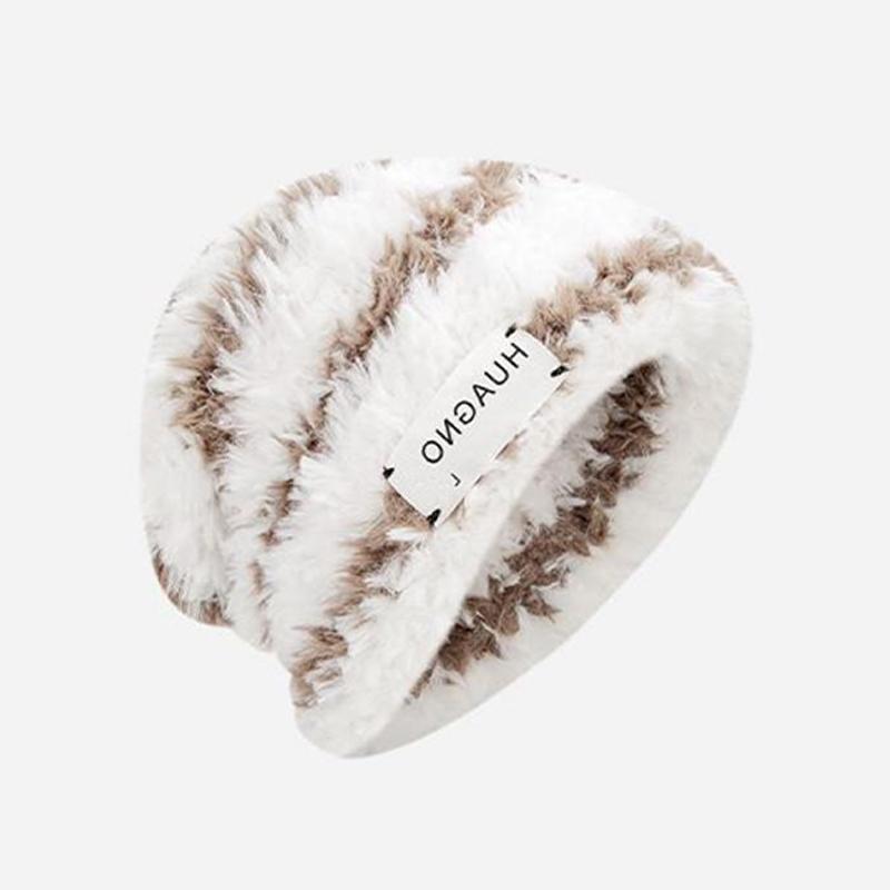 Dámská roztomilá čepice s medvědími oušky Podzim Zima Pruhovaná Teplá Plyšová Pletená Čepice