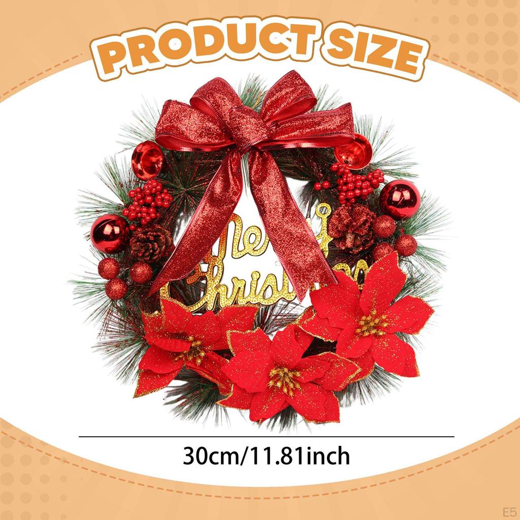 Artificial Christmas Wreath (30 Cm) with Bow for Hanging, Suitable Front Door, Fireplace, Party