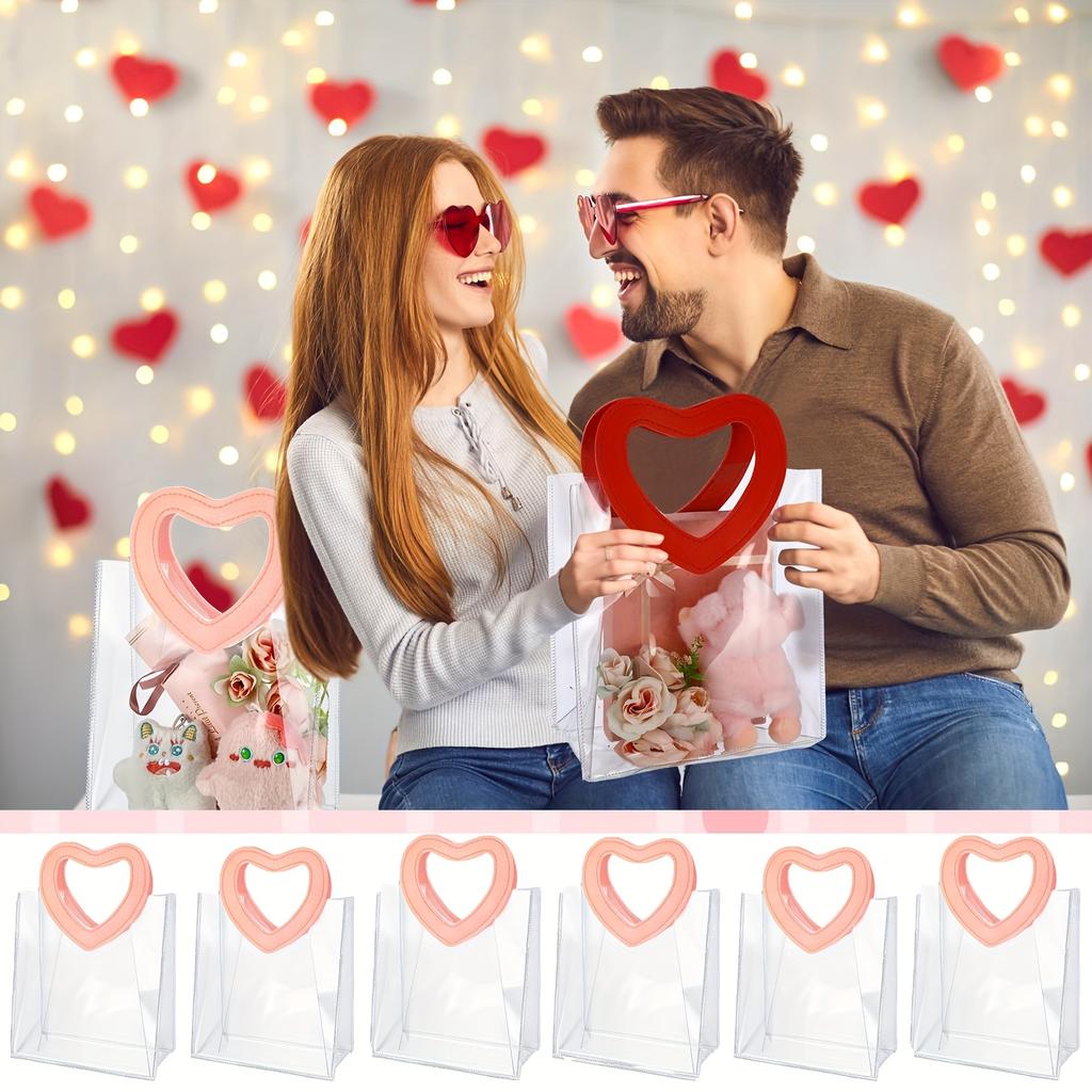 Transparent PVC Gift Bags with Heart-Shaped Handles | Reusable Striped Plastic Tote for Bridal Parties, Anniversaries, Couple Gifts