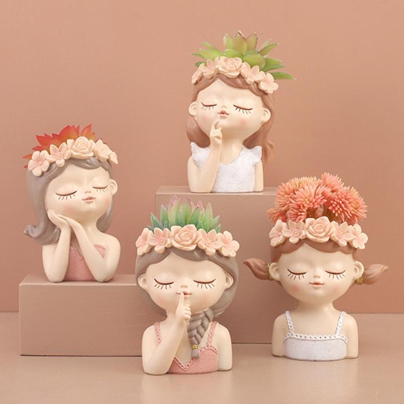 Cute Plants Flower Pot Resin Succulent Planter Flower Vases Little Girl Garden Decoration for Home Office Plant Pot